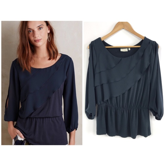 Anthropologie Tops - ☀️ Deletta Navy Blue Slit Sleeve Top
